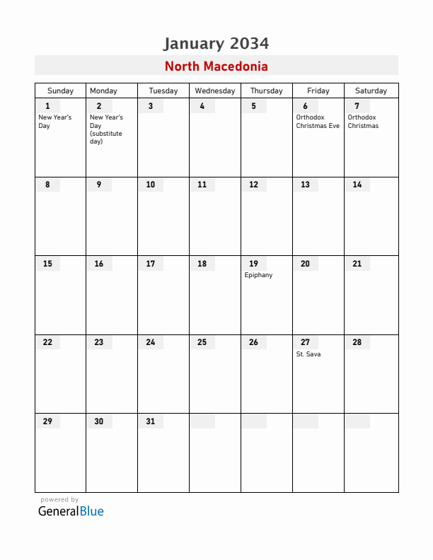North Macedonia January 2034 Calendar with Holidays