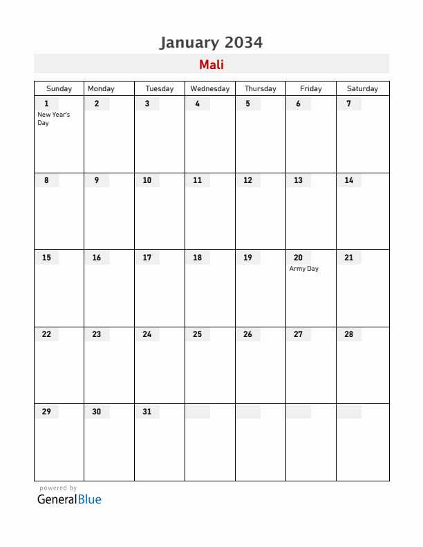 Mali January 2034 Calendar with Holidays