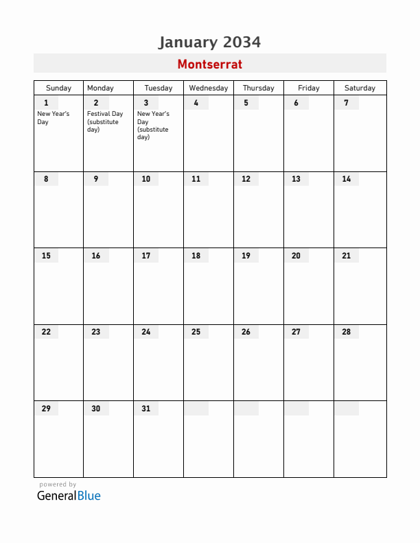 Montserrat January 2034 Calendar with Holidays