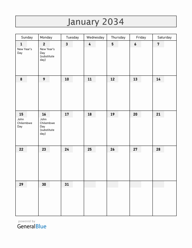 Malawi January 2034 Calendar with Holidays