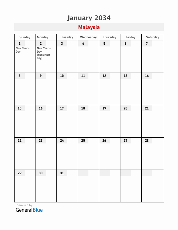 Malaysia January 2034 Calendar with Holidays