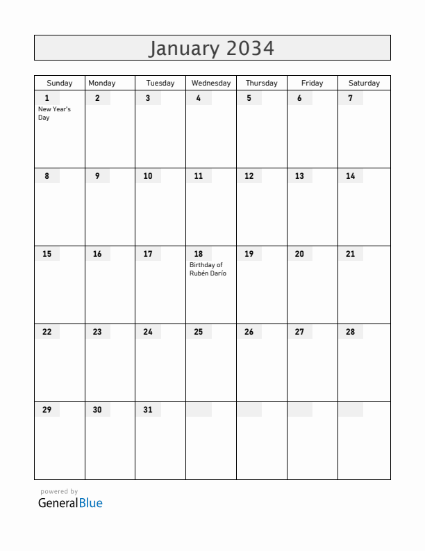 Nicaragua January 2034 Calendar with Holidays