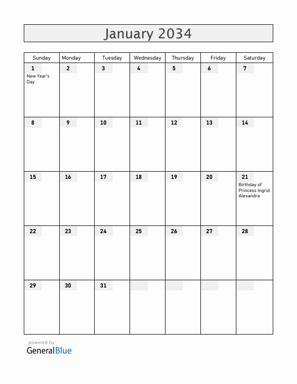 Norway January 2034 Calendar with Holidays