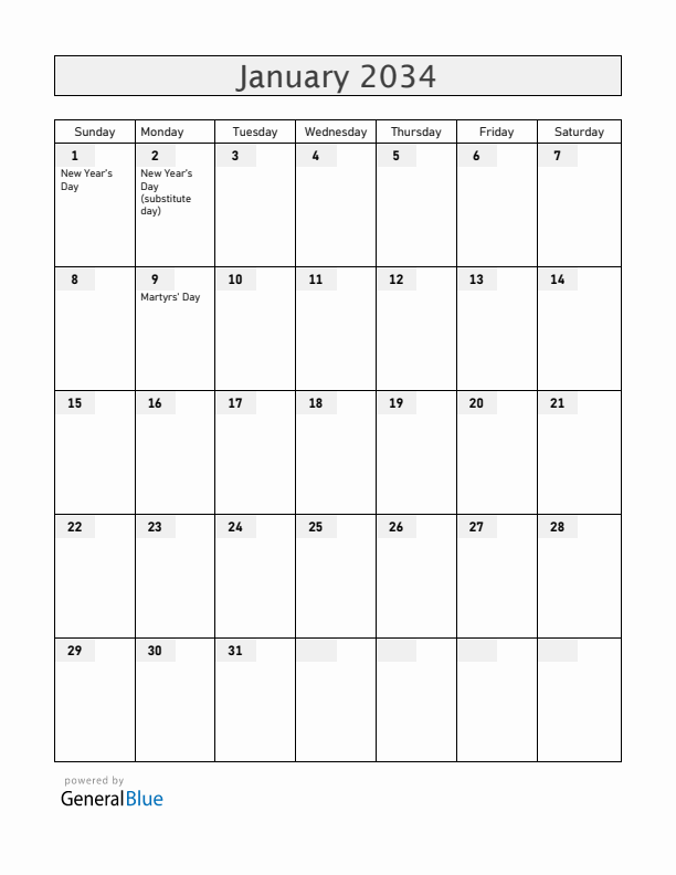 Panama January 2034 Calendar with Holidays