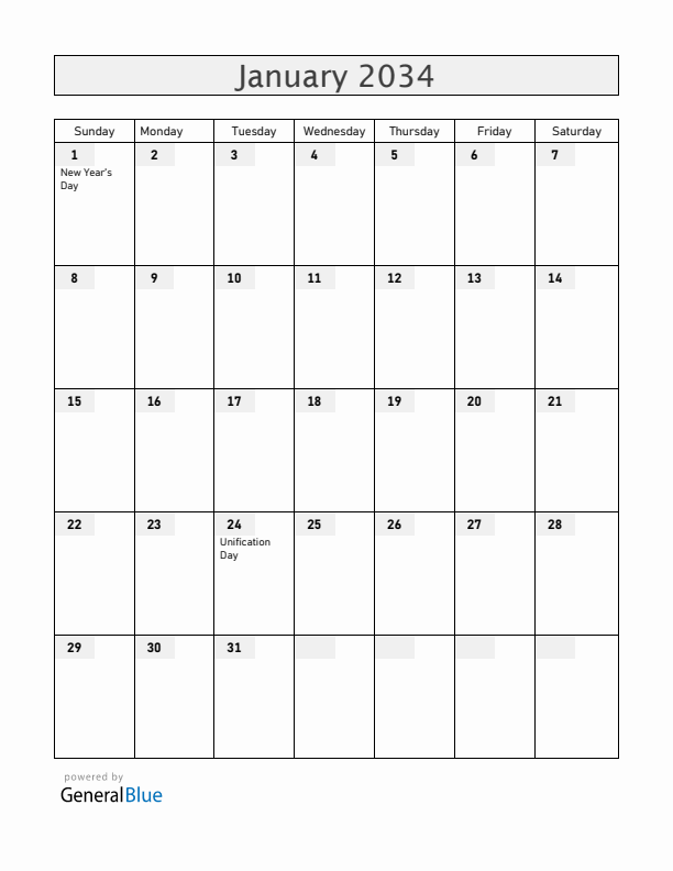 Romania January 2034 Calendar with Holidays