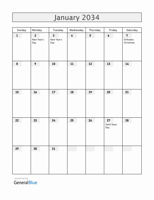 Serbia January 2034 Calendar with Holidays