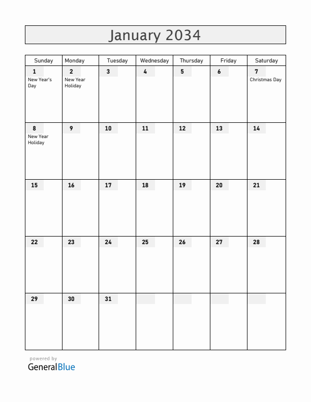 Russia January 2034 Calendar with Holidays