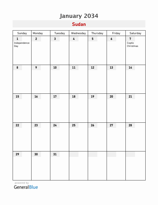 Sudan January 2034 Calendar with Holidays