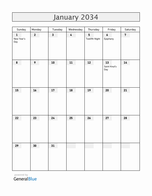 Sweden January 2034 Calendar with Holidays