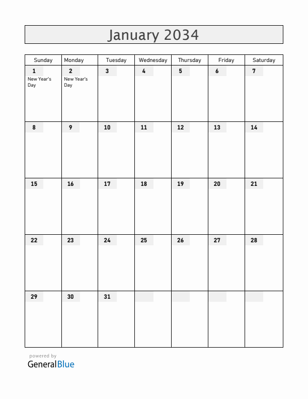 Slovenia January 2034 Calendar with Holidays