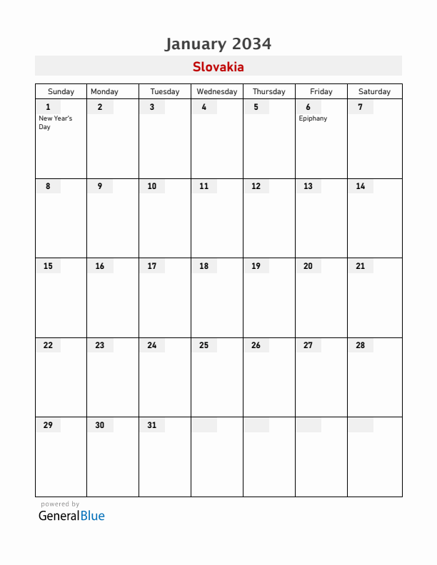 Slovakia January 2034 Calendar with Holidays
