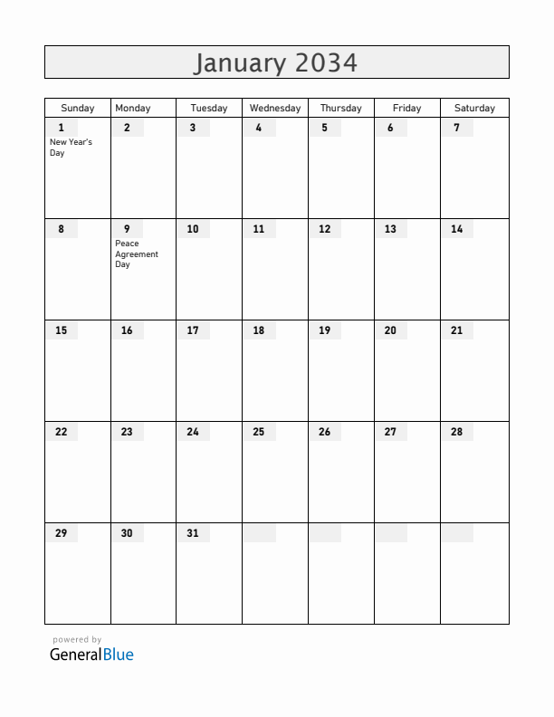 South Sudan January 2034 Calendar with Holidays