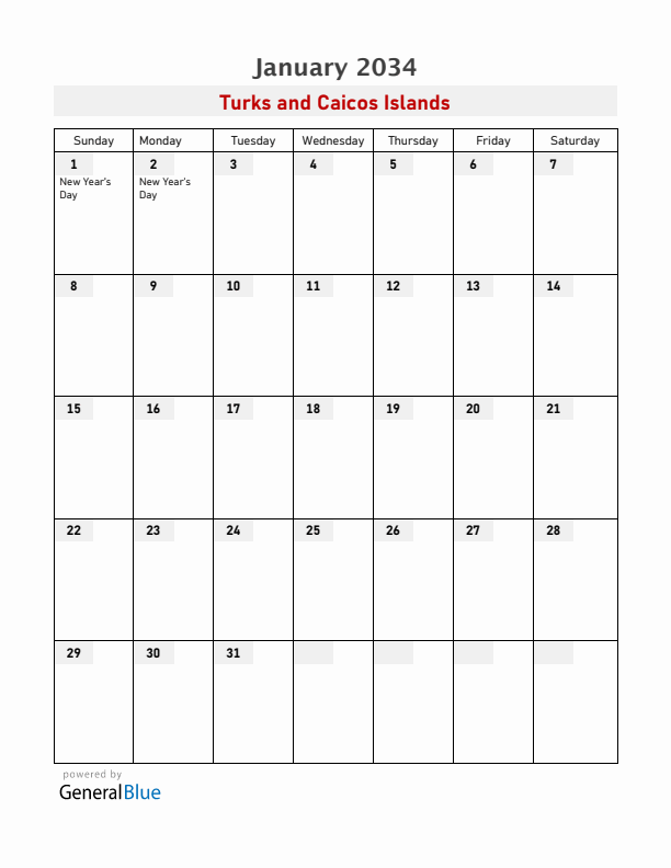 Turks and Caicos Islands January 2034 Calendar with Holidays