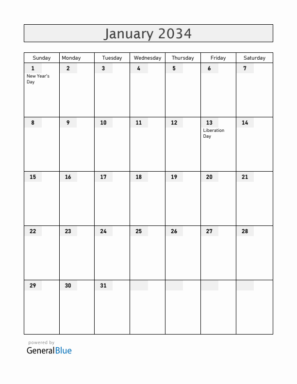Togo January 2034 Calendar with Holidays