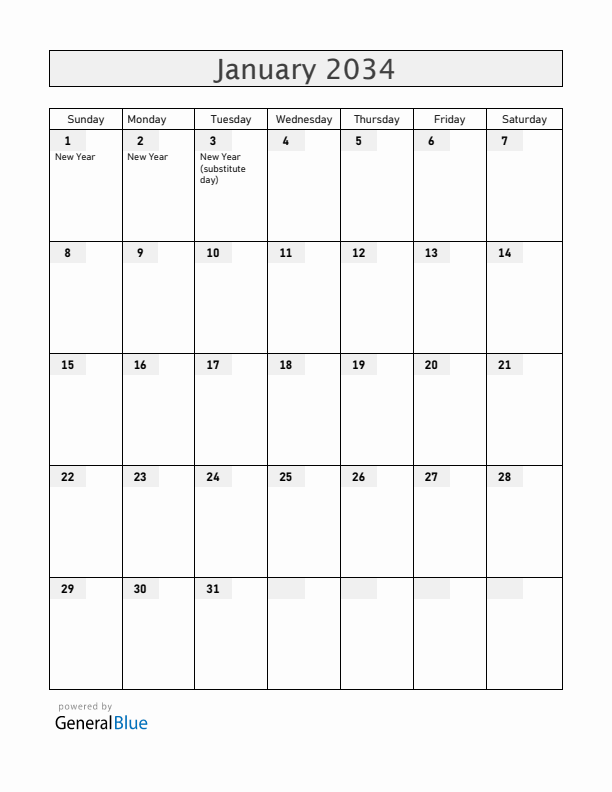 Ukraine January 2034 Calendar with Holidays