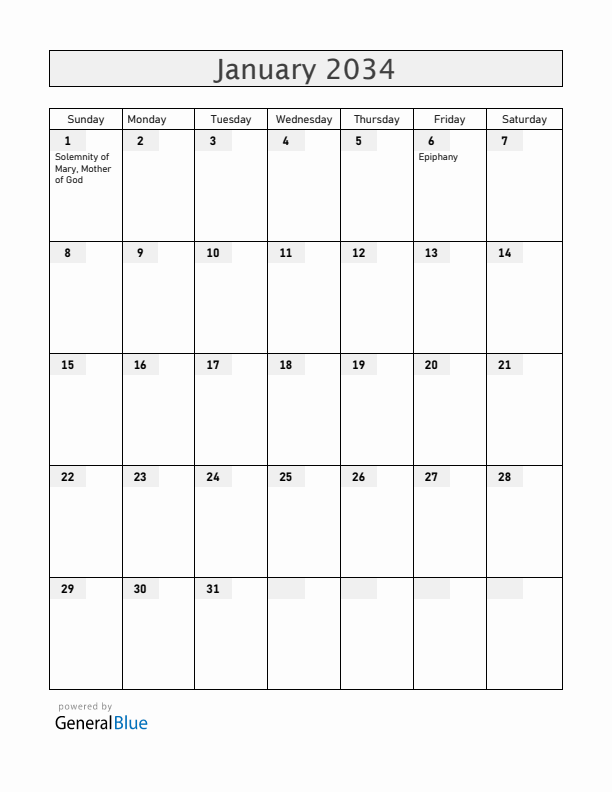 Vatican January 2034 Calendar with Holidays