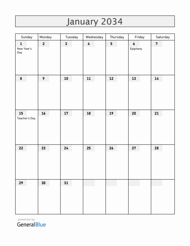 Venezuela January 2034 Calendar with Holidays