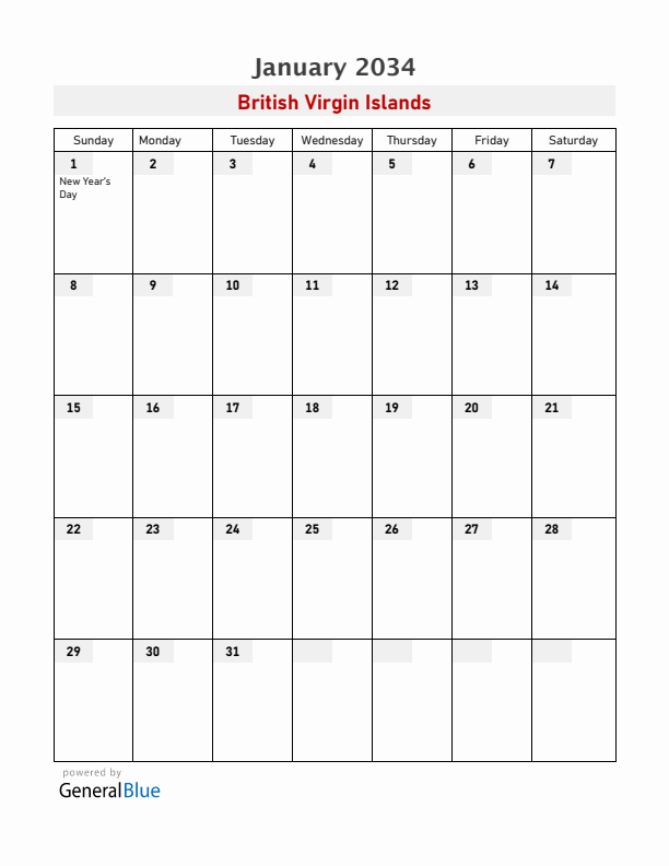 British Virgin Islands January 2034 Calendar with Holidays