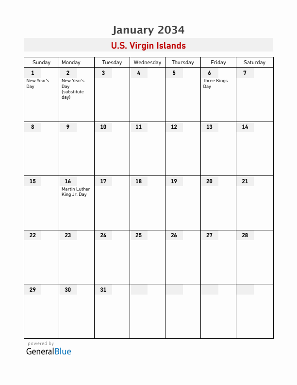 U.S. Virgin Islands January 2034 Calendar with Holidays