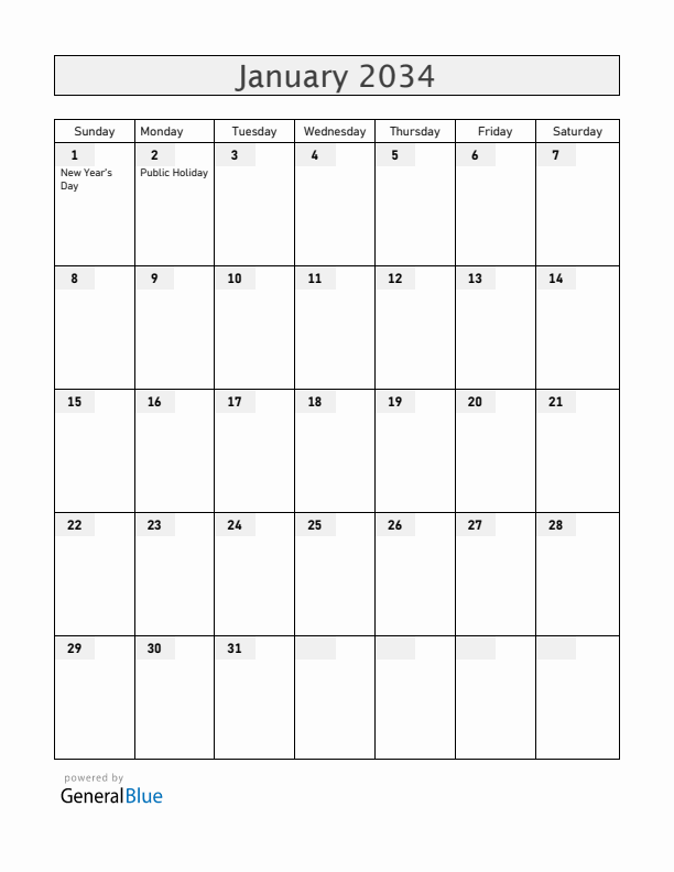 South Africa January 2034 Calendar with Holidays