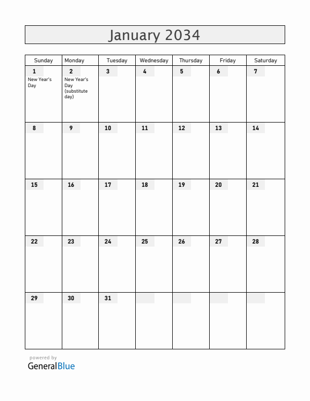 Zambia January 2034 Calendar with Holidays