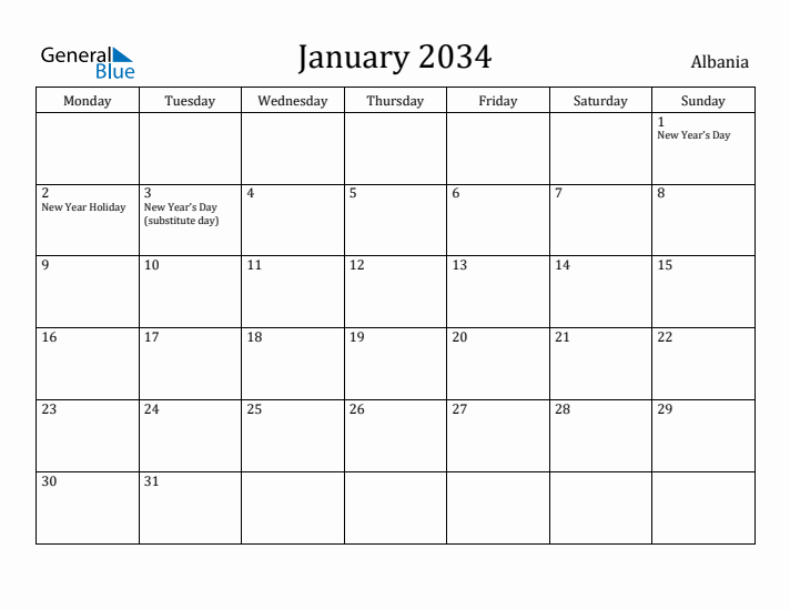 January 2034 Calendar Albania