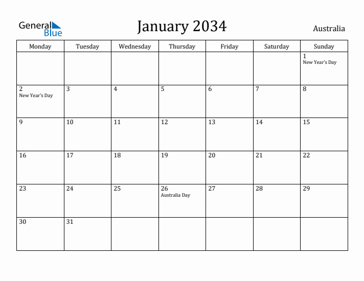 January 2034 Calendar Australia