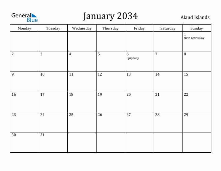 January 2034 Calendar Aland Islands