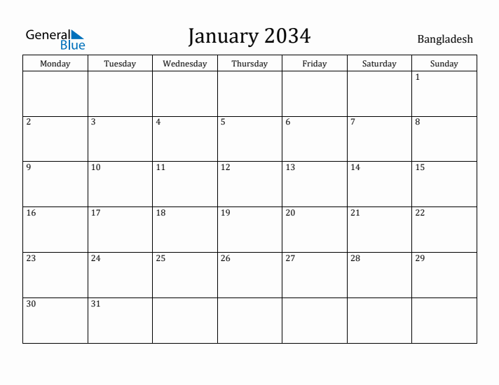 January 2034 Calendar Bangladesh