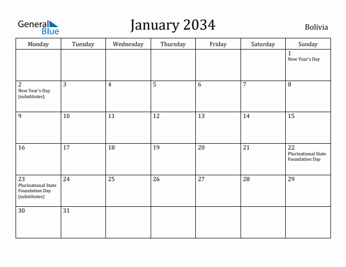 January 2034 Calendar Bolivia