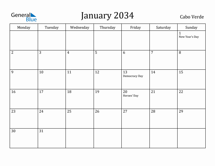 January 2034 Calendar Cabo Verde