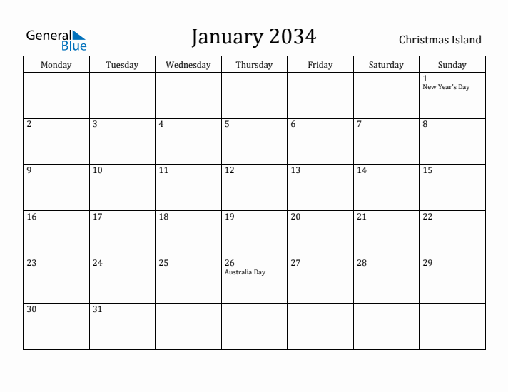 January 2034 Calendar Christmas Island