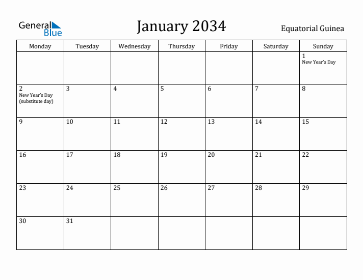 January 2034 Calendar Equatorial Guinea