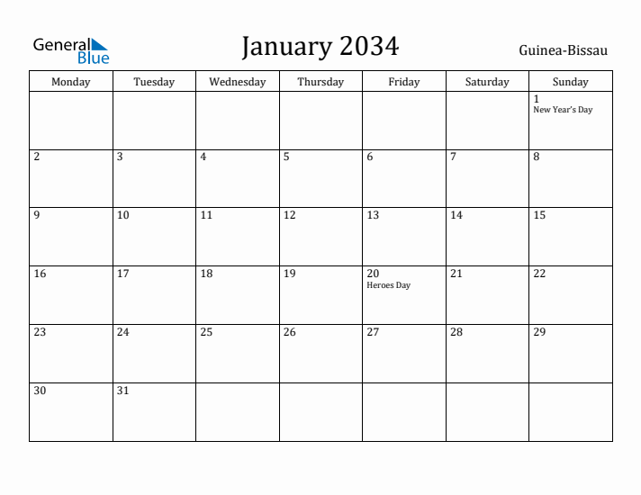 January 2034 Calendar Guinea-Bissau