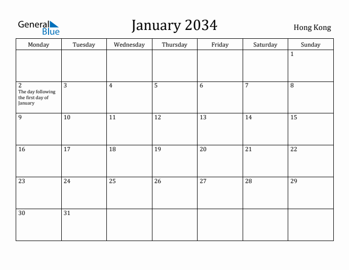 January 2034 Calendar Hong Kong