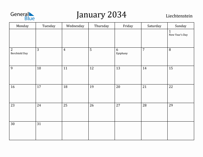 January 2034 Calendar Liechtenstein
