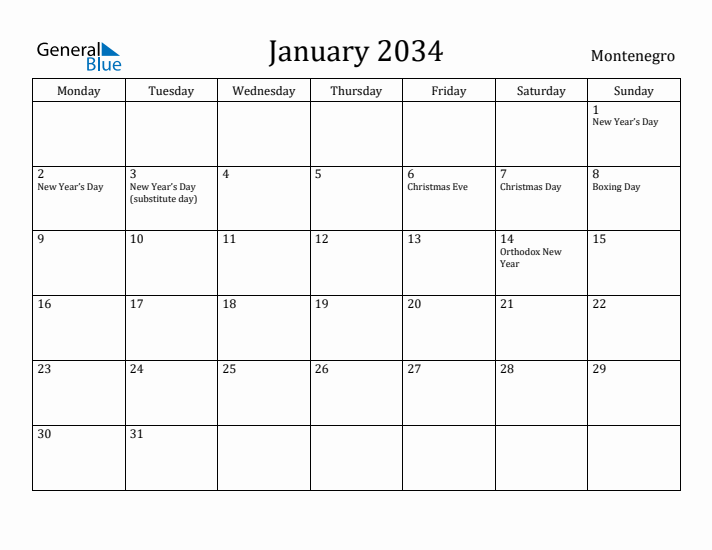 January 2034 Calendar Montenegro