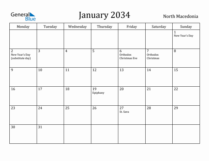 January 2034 Calendar North Macedonia