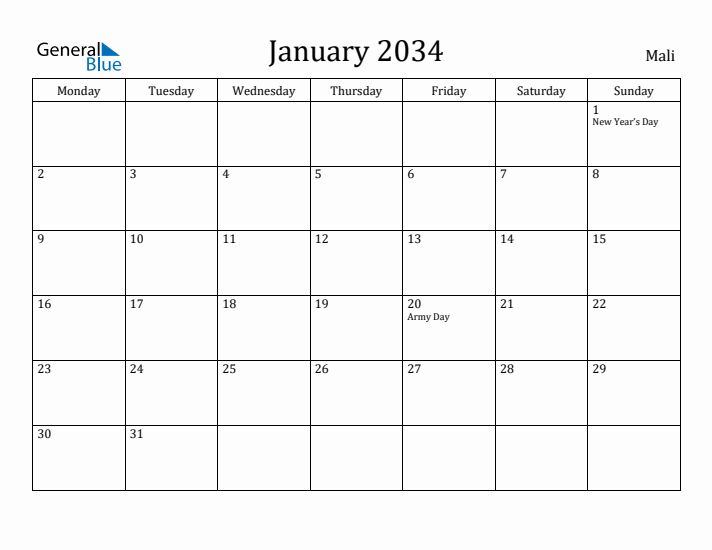 January 2034 Calendar Mali