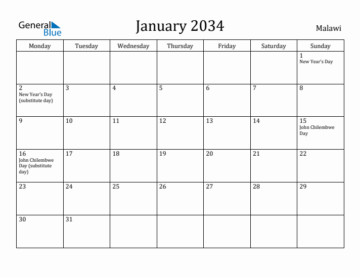 January 2034 Calendar Malawi