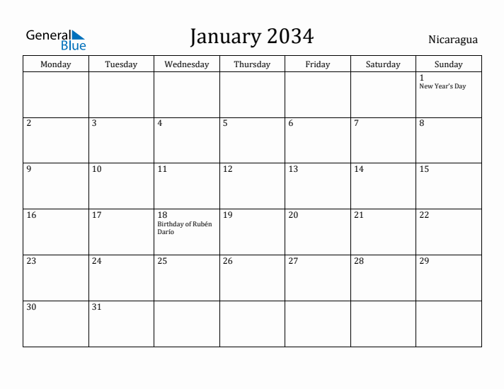 January 2034 Calendar Nicaragua