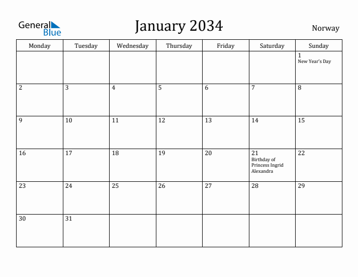January 2034 Calendar Norway