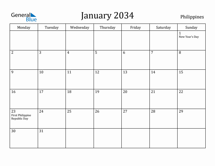 January 2034 Calendar Philippines