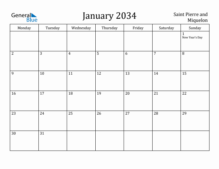 January 2034 Calendar Saint Pierre and Miquelon