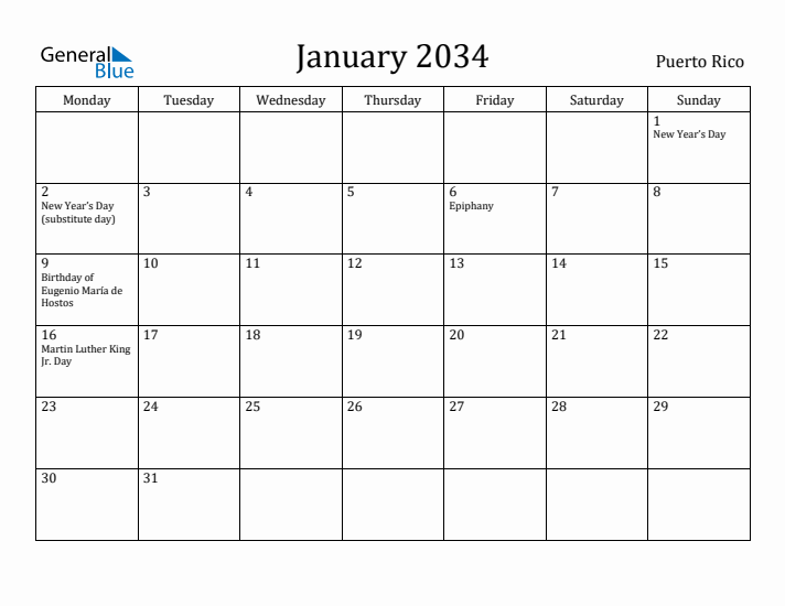 January 2034 Calendar Puerto Rico