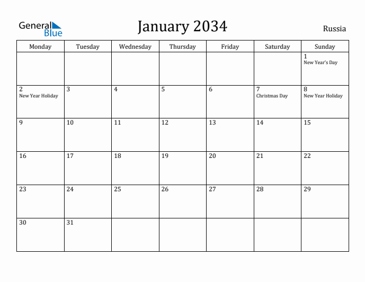 January 2034 Calendar Russia