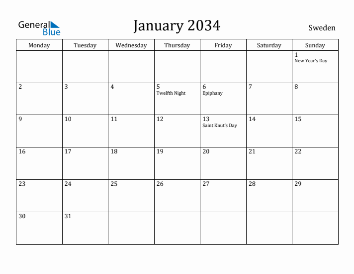January 2034 Calendar Sweden