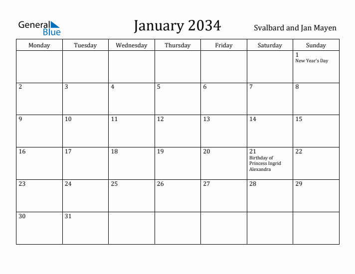 January 2034 Calendar Svalbard and Jan Mayen