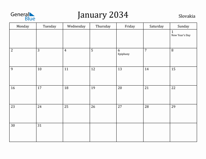January 2034 Calendar Slovakia