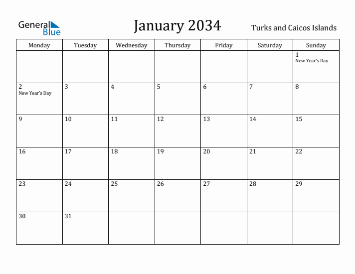 January 2034 Calendar Turks and Caicos Islands